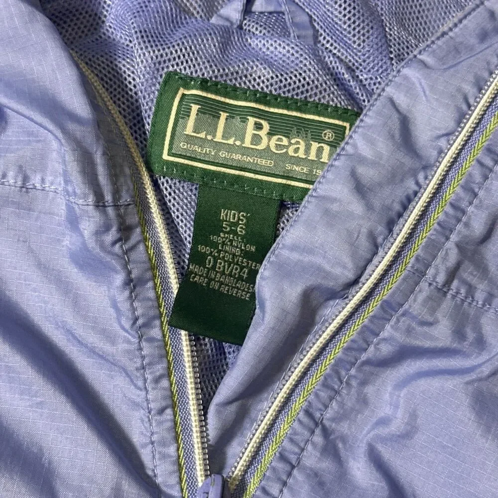 LL Bean Jacket Kids Youth 5 6 Blue Hooded Nylon Mesh Lined Windbreaker Rain Coat
